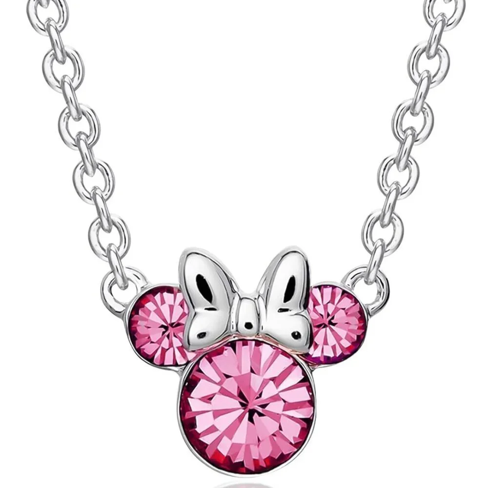 Minnie Mouse Crystal Birthstone Pendant Necklace Silver Plated for Women